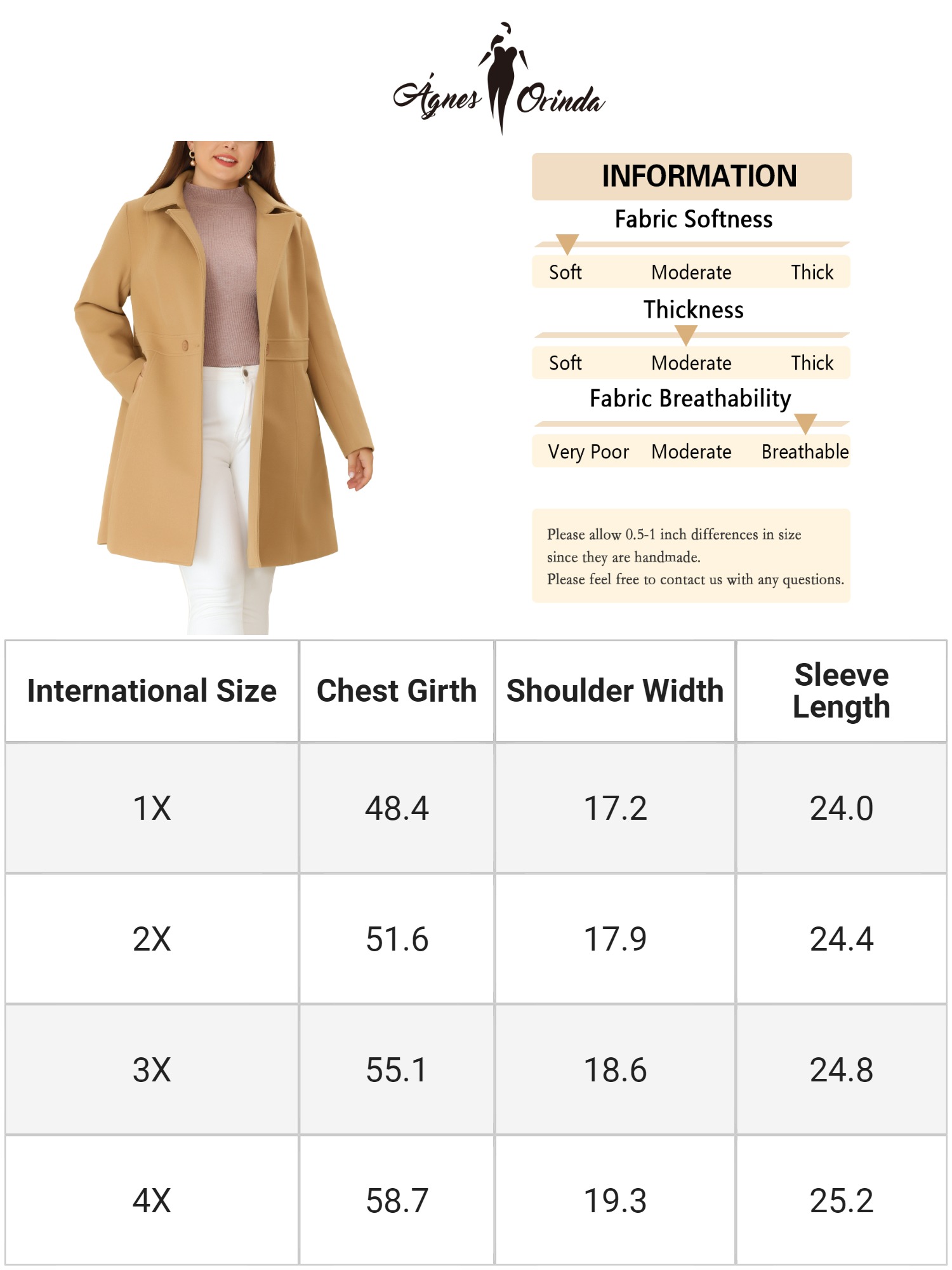 Unique Bargains Women's Plus Single Breasted Cinched Waist Winter Pea Long Coat 4X Khaki