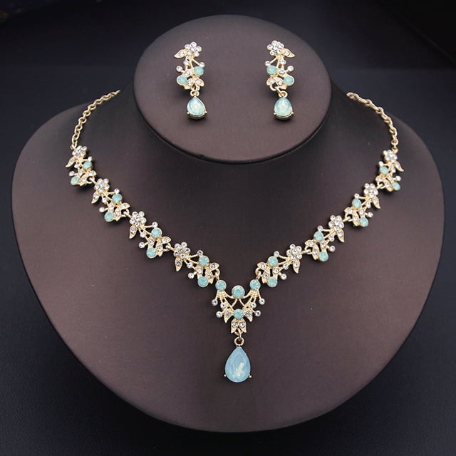 Ensemble de Bijoux de Mode à Motif Floral de Luxe pour Femmes, Colliers, Boucles d'Oreilles, Accessoires de Robe de Mariée, Vert Opale