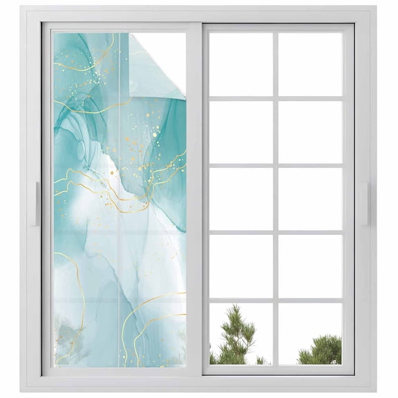 Turquoise Ombre Marble Window Privacy Film, Yellow Modern Geometric Abstract Art Static Cling UV Sun Blocking Heat Control Window Tint, Non-Adhesive One Way Windows Privacy Cover 29.5''x78.7''