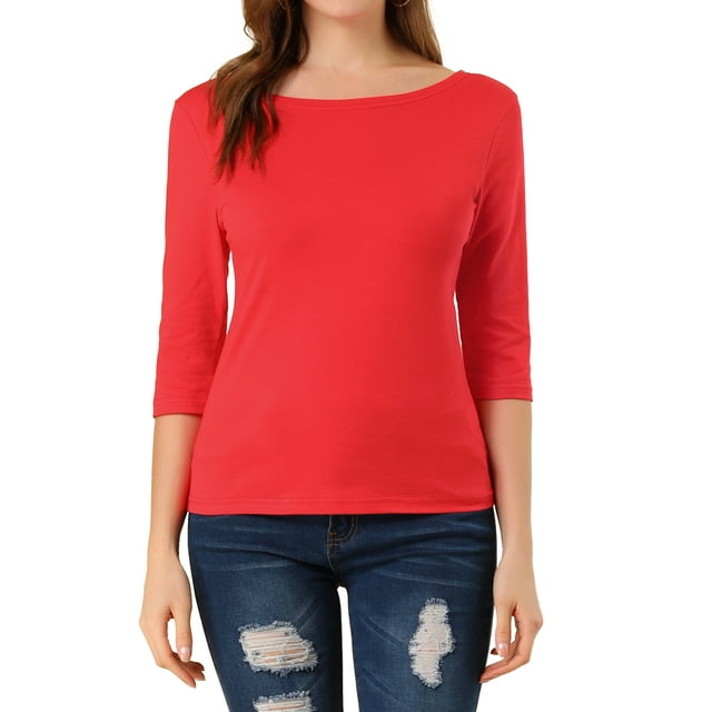 INSPIRE CHIC T-Shirt Classique Ajusté à Manches au Coude à Encolure Bateau pour Femme G Rouge