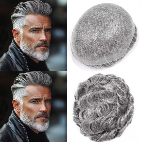 Toupee for Men Thin Skin PU Men's Hairpiece European Virgin Human Hair Replacement System Male Hair Prosthesis Unit with 70% Synthetic Gray 10x8inch