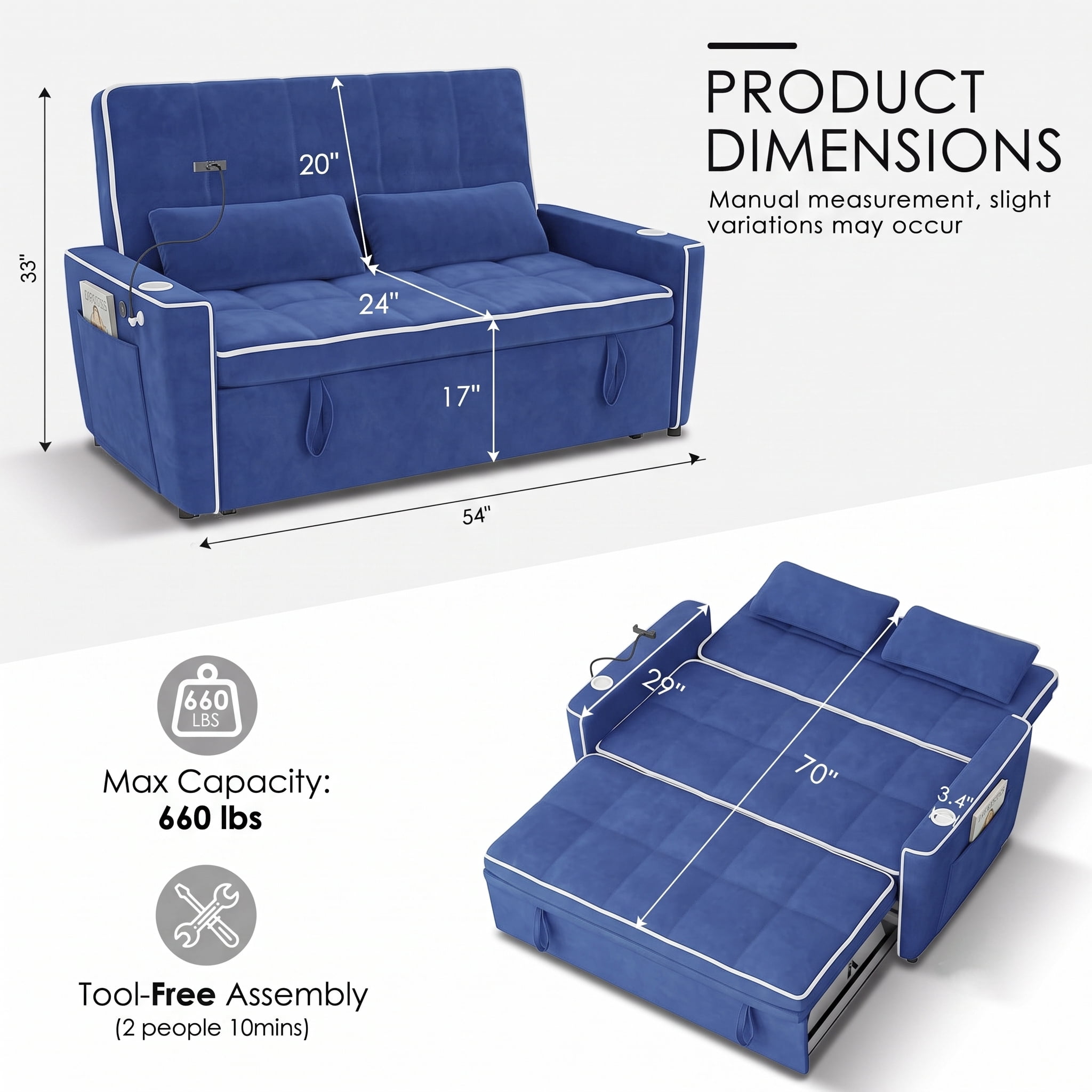 AISWORD 54" Convertible Sleeper Sofa Bed, Pull Out Loveseat Couch with USB Port, Phone Holder & Cup Holder, Adjustable Backrest for Apartment, Living Room, Office, Blue