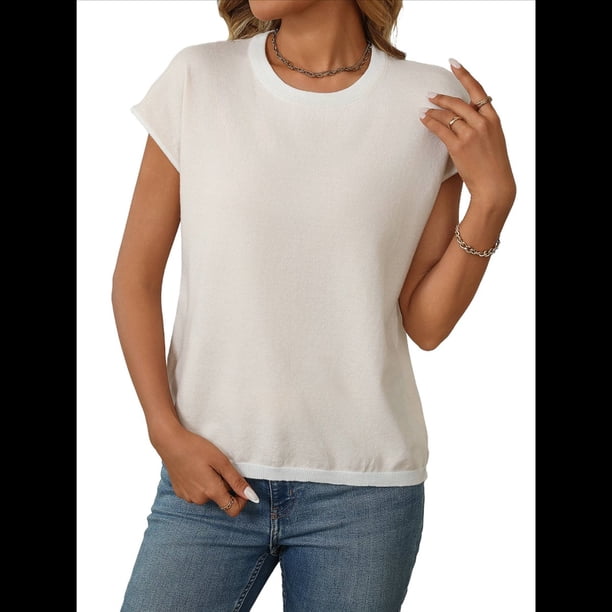 Camisetas de Mujer Elegantes, Informales, de Corta, con Bloques de Color, A Rayas y Cuello Redondo, Color Albaricoque S
