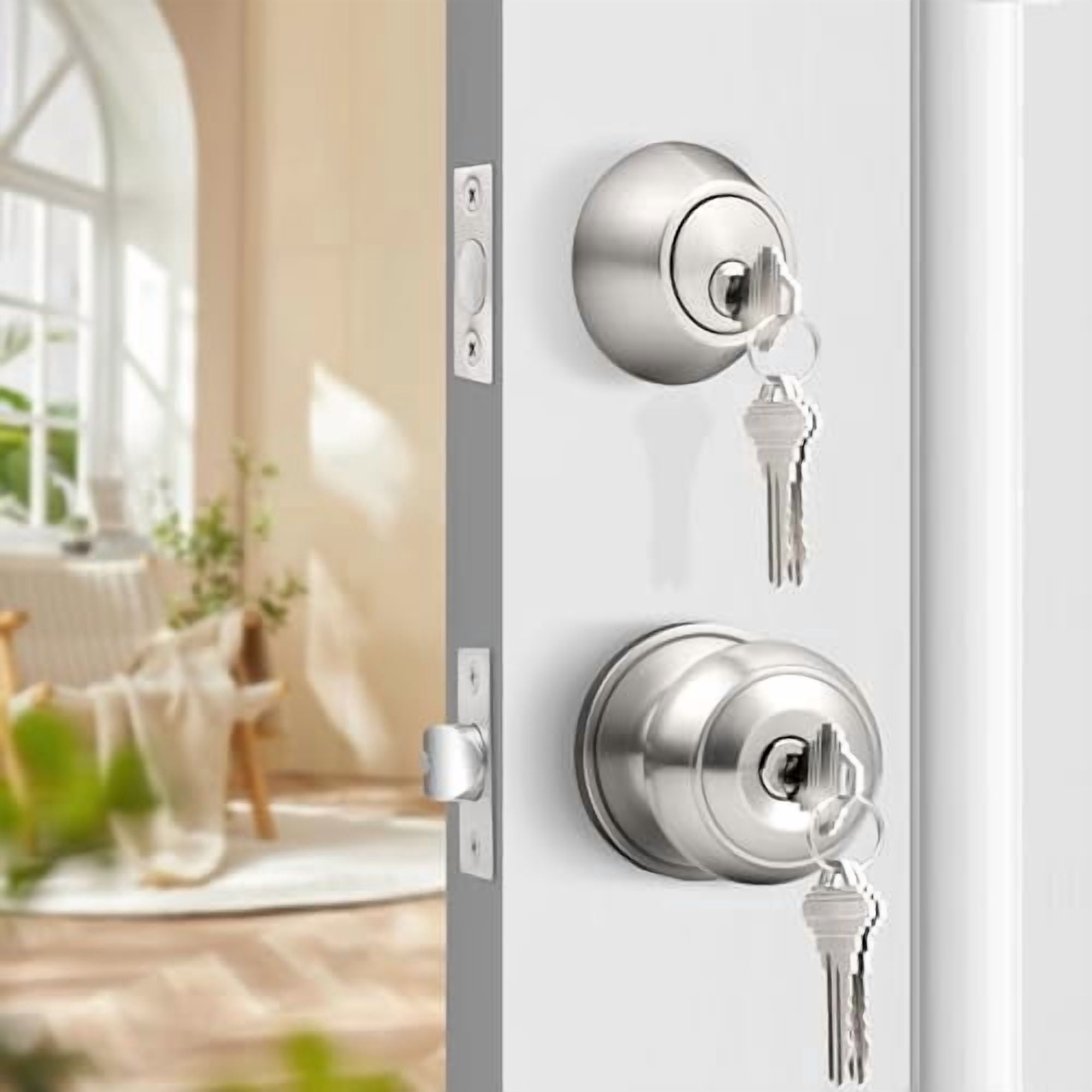 1 Pack Entry Door Knob Set with Single Cylinder Deadbolt Combo Set, Keyed Alike Brushed Nickel Door Knobs with Lock and Keys for Entrance Front Door
