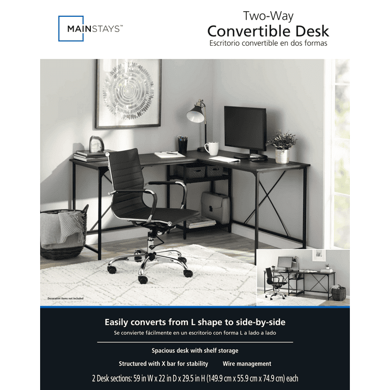 Mainstays Two-Way Convertible Desk with Lower Storage Shelf Charcoal Finish and Black Metal Frame