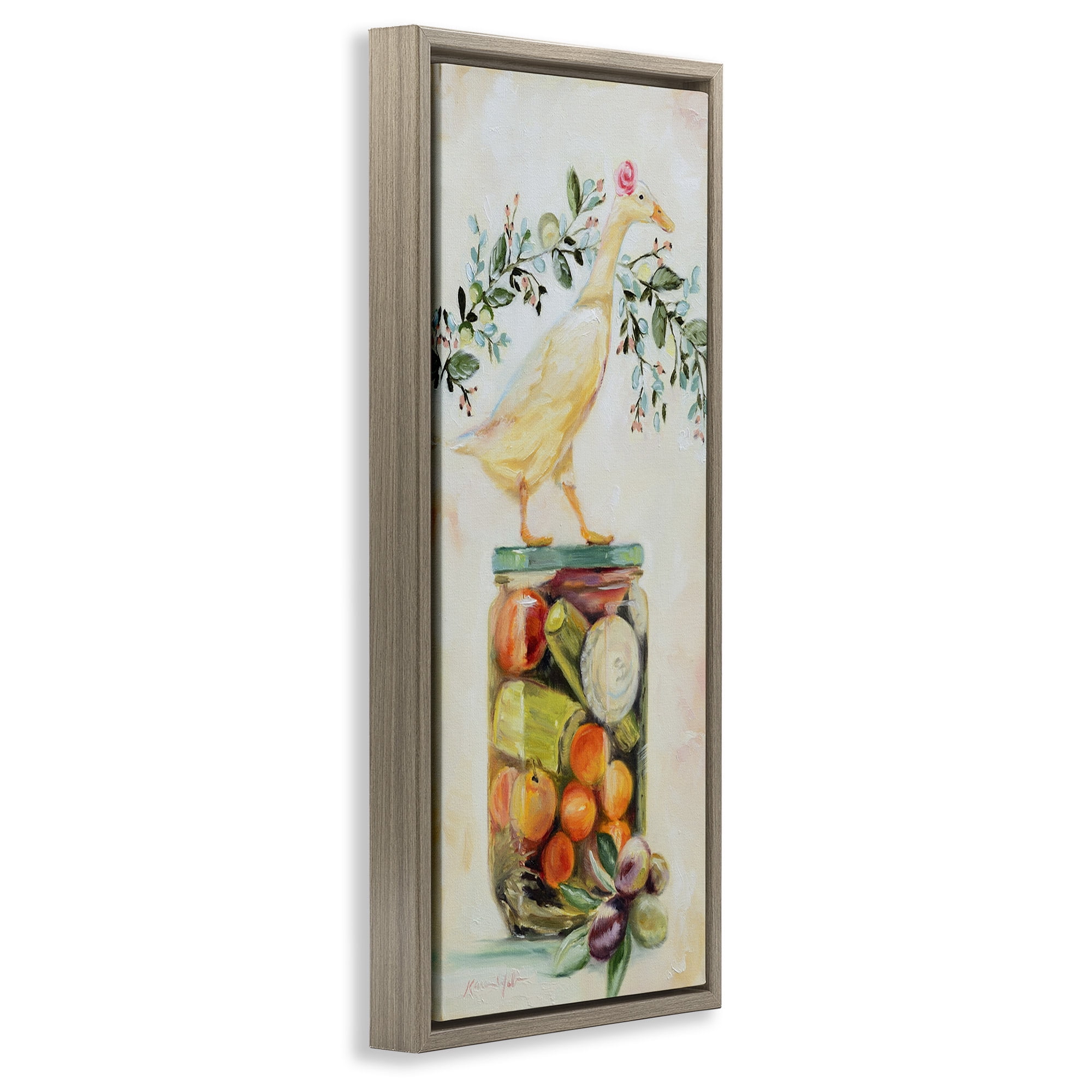 Stupell Industries Charming Goose on Vegetable Jar Animals & Insects Painting Brown Floater Framed Canvas Art Print Wall Art, 15 x 31