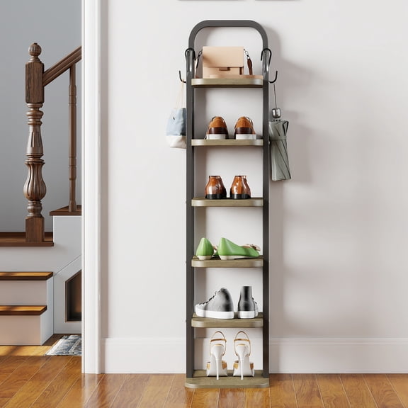 6 Tiers Vertical Narrow Shoe Rack,Adjustable Shoe Shelf for Small Spaces, Corner Shoe Rack with 2 Hooks for Entryway Hallway, Gray