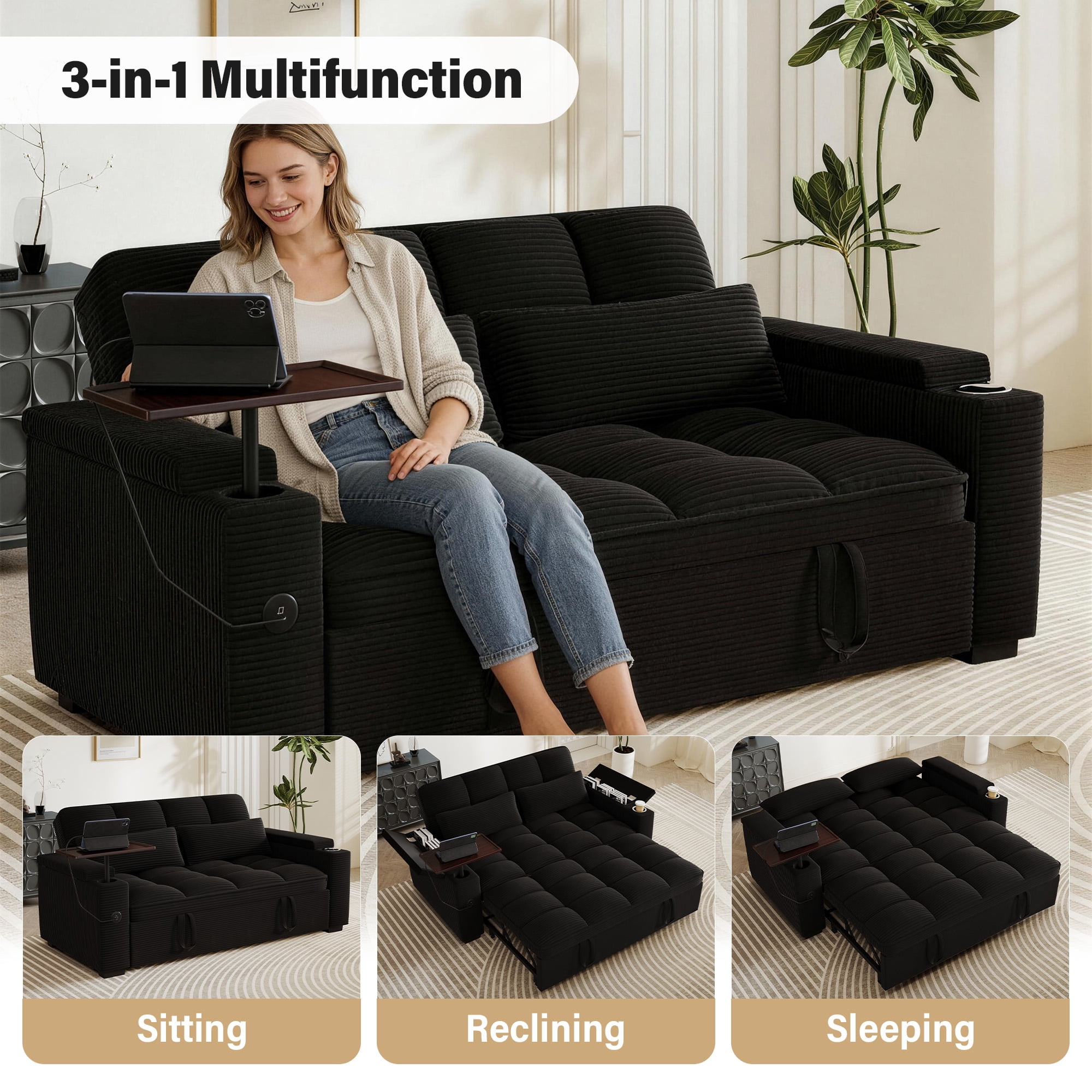 Aukfa 65"W Convertible Sofa Bed with Storage, 3-in-1 Corduroy Queen Sleeper Sofa Couch with 360° Swivel Side Table & USB /Type-C Ports,Black