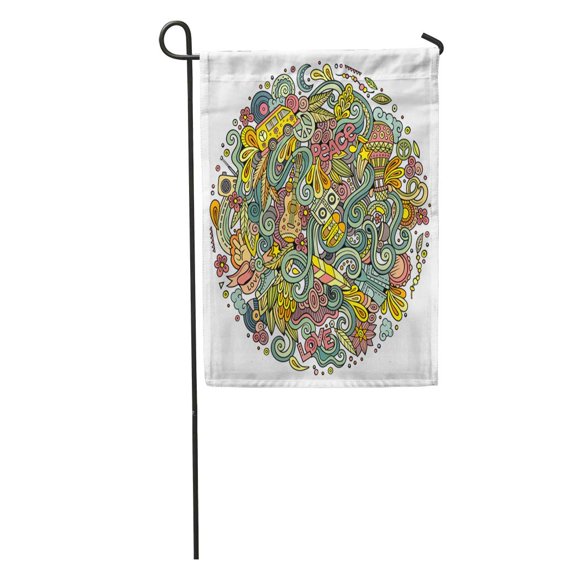SIDONKU Hippy Cartoon Doodles Hippie Colorful Detailed Lots Peace 60S Love Garden Flag Decorative Flag House Banner 12x18 inch