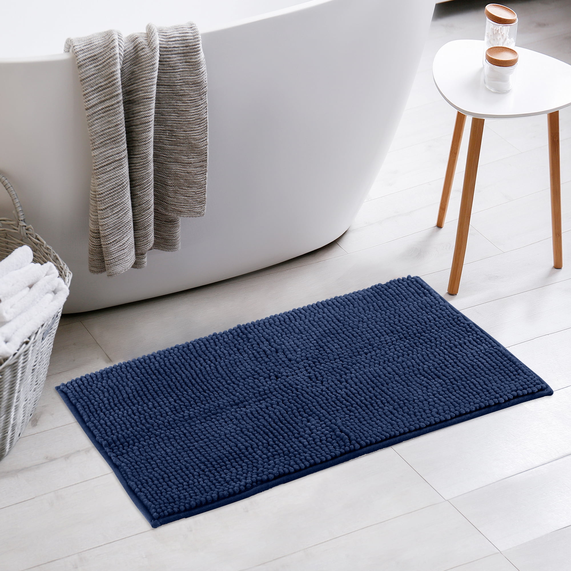 Unique Bargains Plush Fluffy Non-Slip Microfiber Quick Dry Bathroom Mat Dark Blue 20"x32"