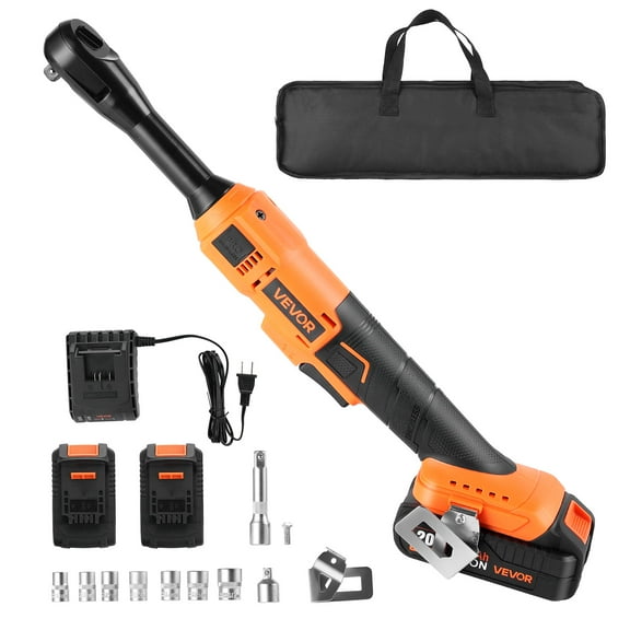 VEVOR Cordless Ratchet Wrench, 3/8 inch Drive, 230 RPM, up to 66 ft-lbs of Torque, Battery Powered Electric Ratchet Wrench Set with Two 2.0Ah Batteries, Charger, Sockets, Adaptors and Cloth Bag