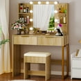 thumbnail image 3 of Ktaxon Lighted Makeup Vanity, Wood Color Vanity Table Set with 2 Drawer and Charging Station, Femal Gift, 3 of 11