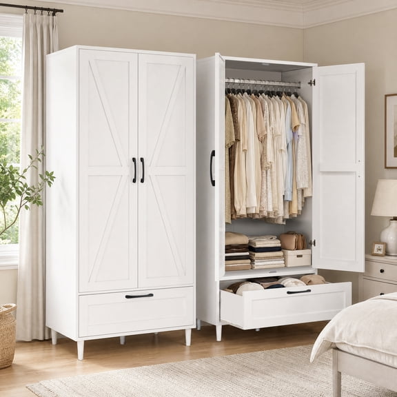 Gyger Wardrobe Armoire Bohemian Wood Freestanding with 2 Doors and 1 Drawer for Hanging Clothes 1-Count 59.4 x 27.5 x 18.1 in