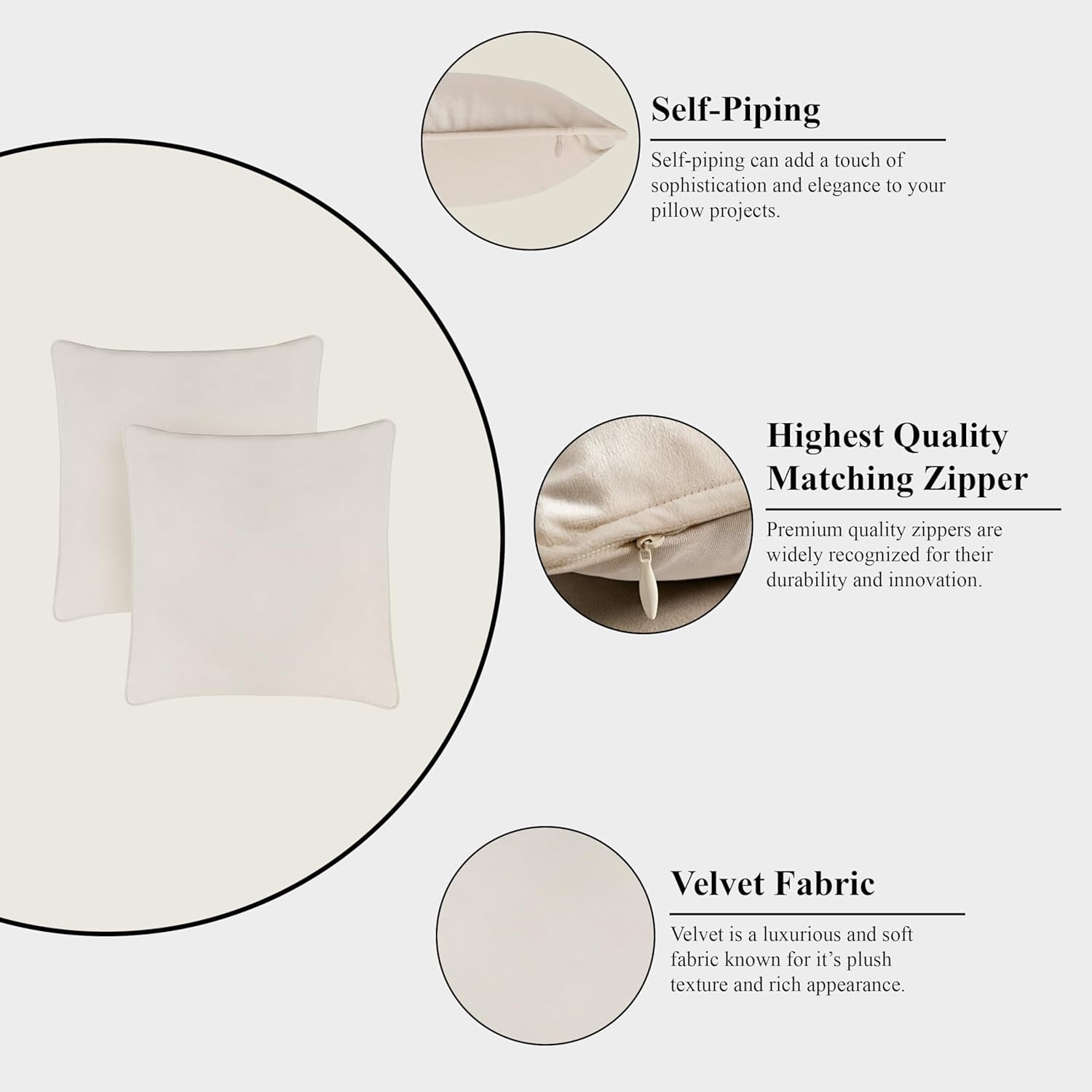 A1HC Set of 2 Luxurious Soft Velvet Throw Pillow Covers Only, 20"x20", Beige, Decorative Cushion Covers with Hidden YKK Zipper for Sofa or Bed