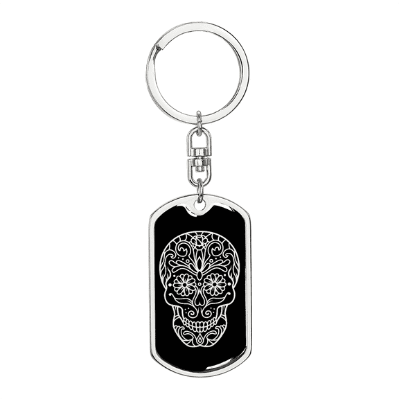 Calavera Mexican Sugar Skull 185 Stainless Steel or 18k Gold Premium Swivel Dog Tag Keychain