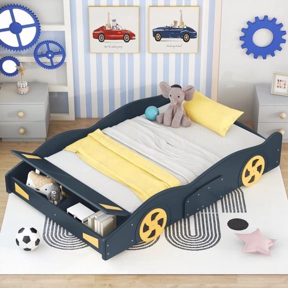 Full Size Race Car Bed with Storage & Wheels - Dark Blue Yellow