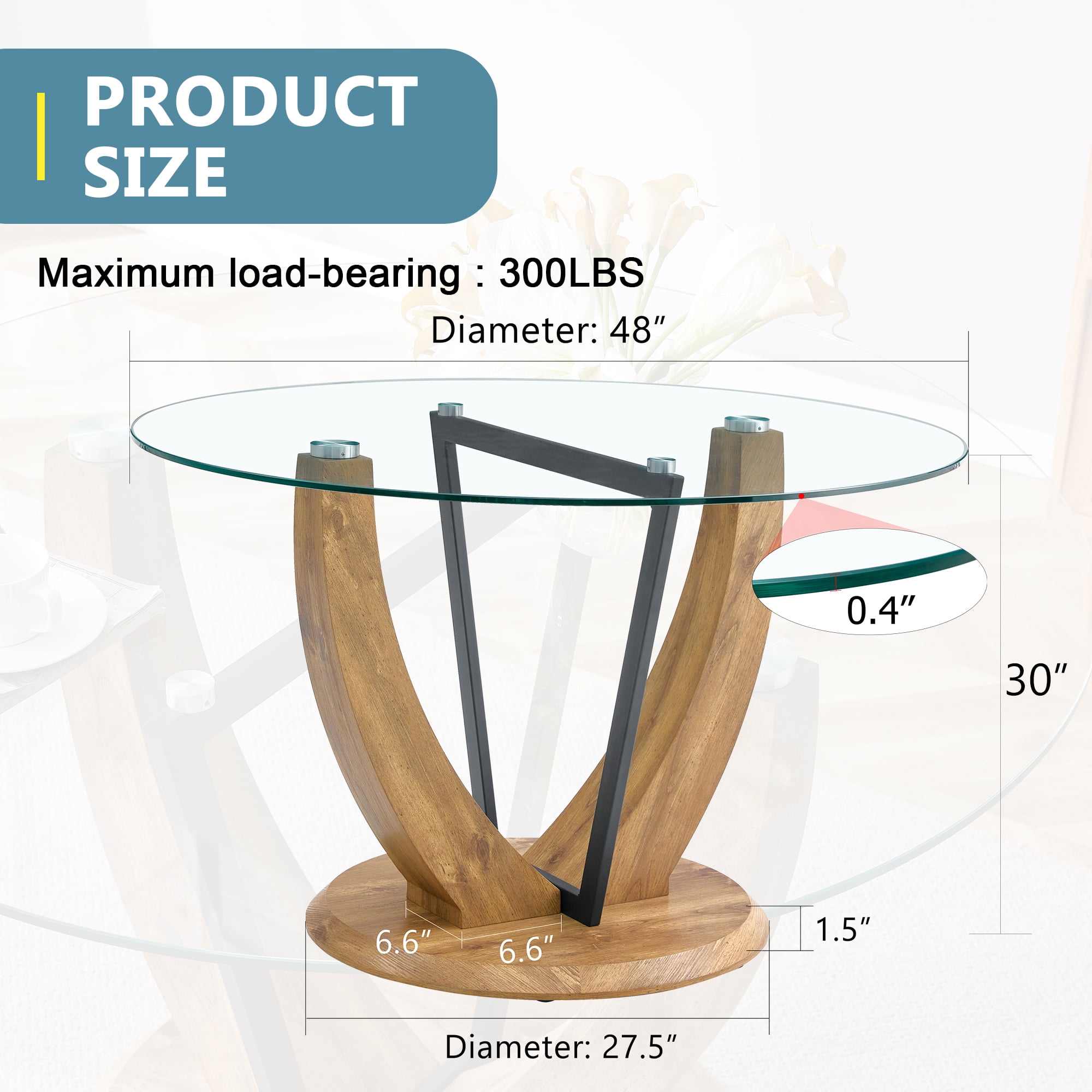Table de salle à manger ronde Noble House 122 cm, plateau en verre trempé 1 cm d'épaisseur, transparent et bois