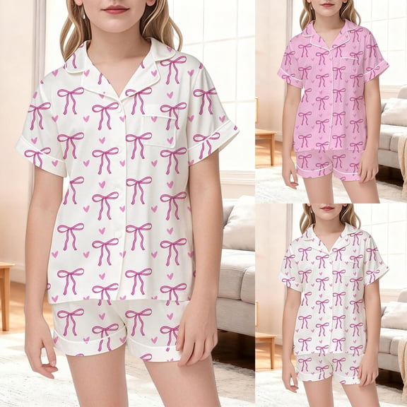 Girls Bow Print Pajama Short Sleeve Top Shorts Soft Loungewear Casual Comfortable Nightwear Kids 2 Piece Outfits Pink 9-10 Y