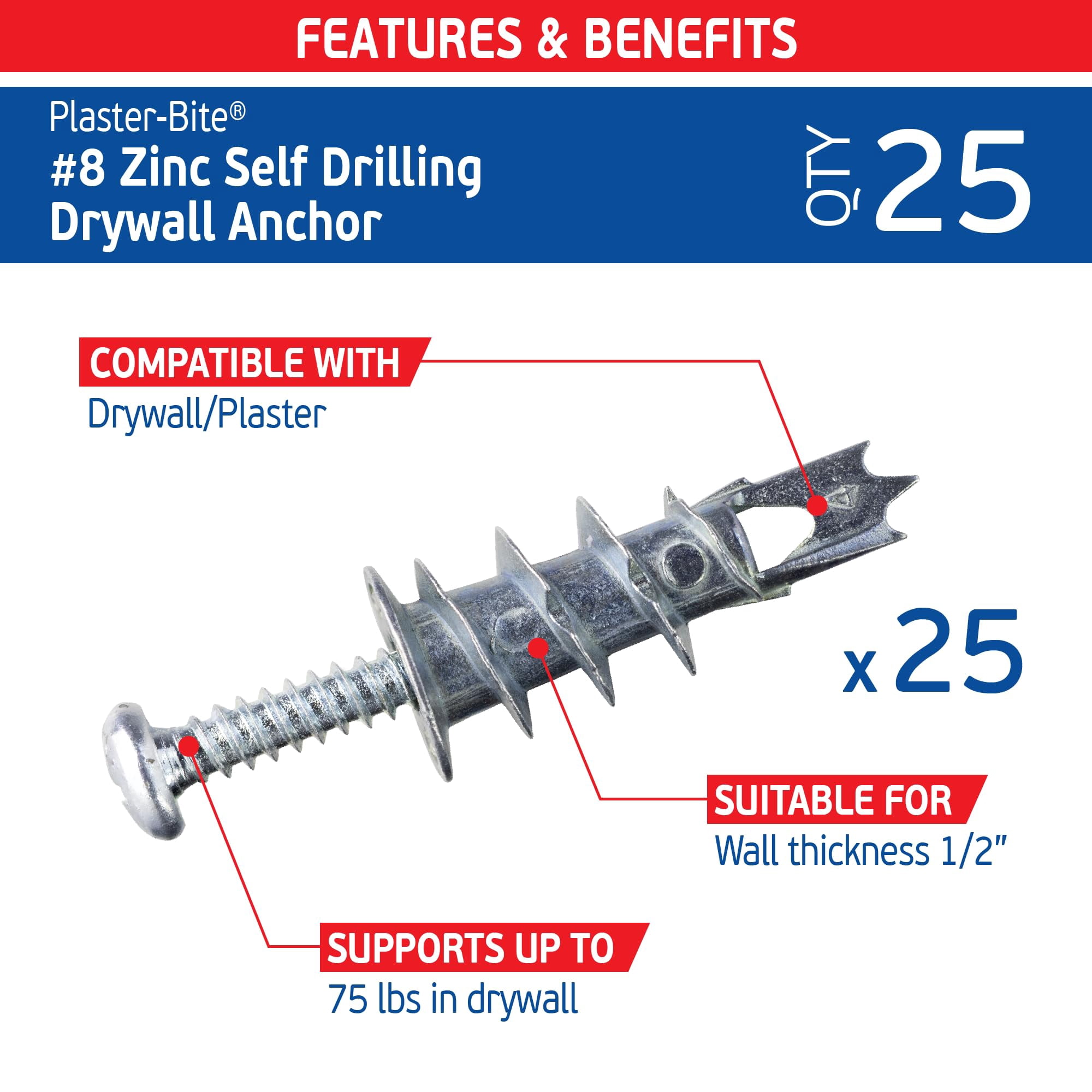 #8 Zinc Plaster Bite Self Drilling Drywall Anchors w/Screws (25 Anchors & 25 Screws) – Heavy Duty Zinc Hollow Wall Anchor Kit for 3/8", 1/2", 5/8" Drywall – 75 lbs Holding Strength