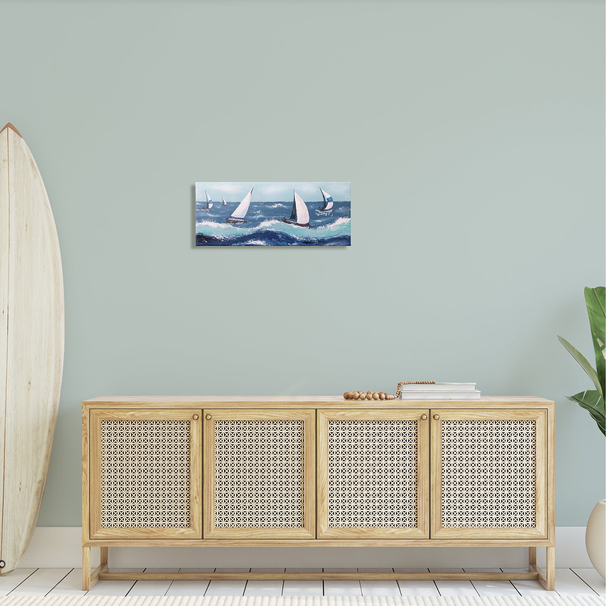 Stupell Sea Waves Splashing Sailboats Landscape Painting Gallery Wrapped Canvas Print Wall Art