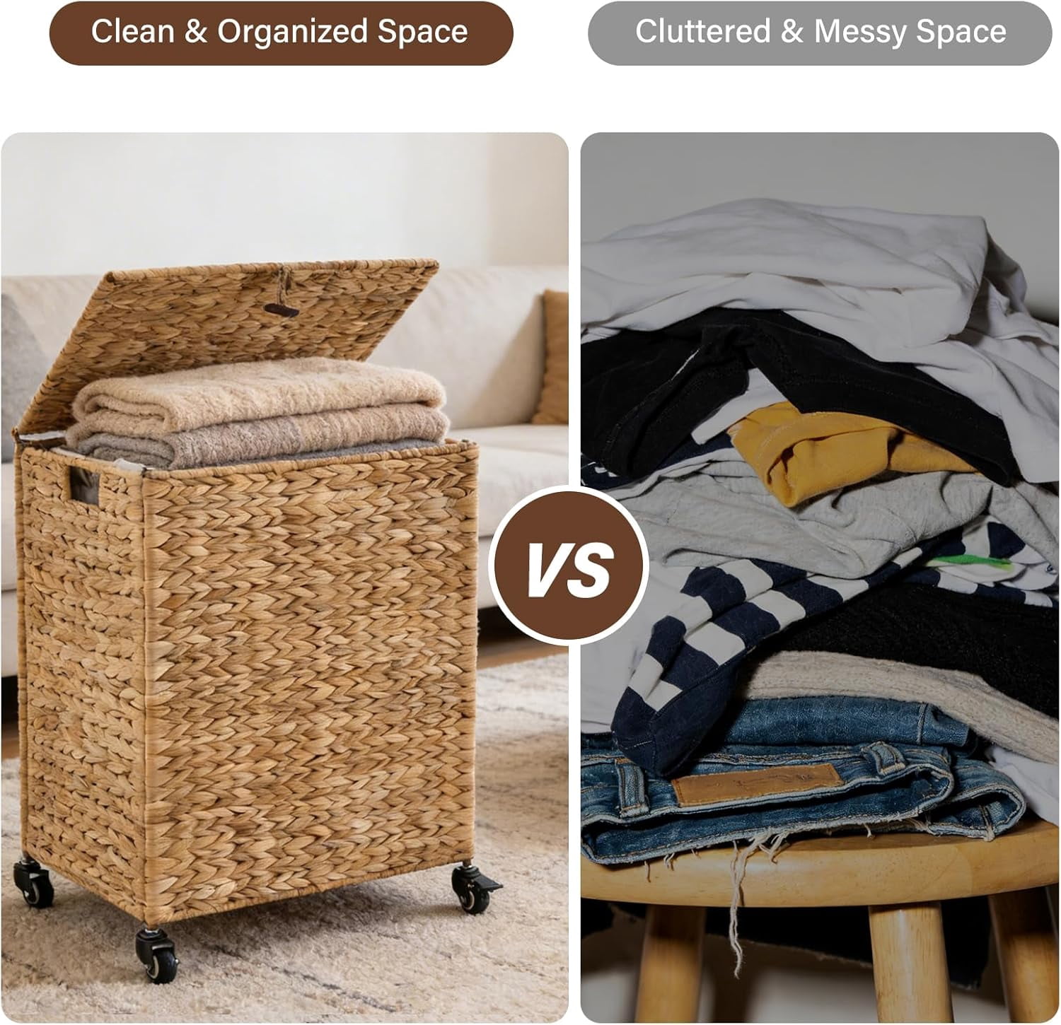 Casa Pura Furniture 90L Natural Hand-Woven Water Hyacinth Laundry Hamper with Wheels, Lid & Removable Washable Liner, Clothes Storage Basket for Bathroom & Laundry Room