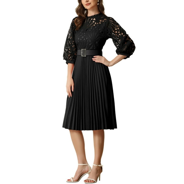 INSPIRE CHIC Women's Floral Lace Dress 3/4 Sleeves Belted Panel A-Line  Pleated Dresses Black S