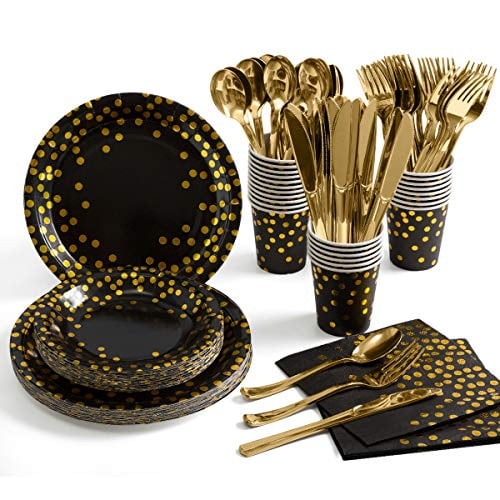 Black and Gold Party Supplies 175 Pieces Golden Dot Disposable Party