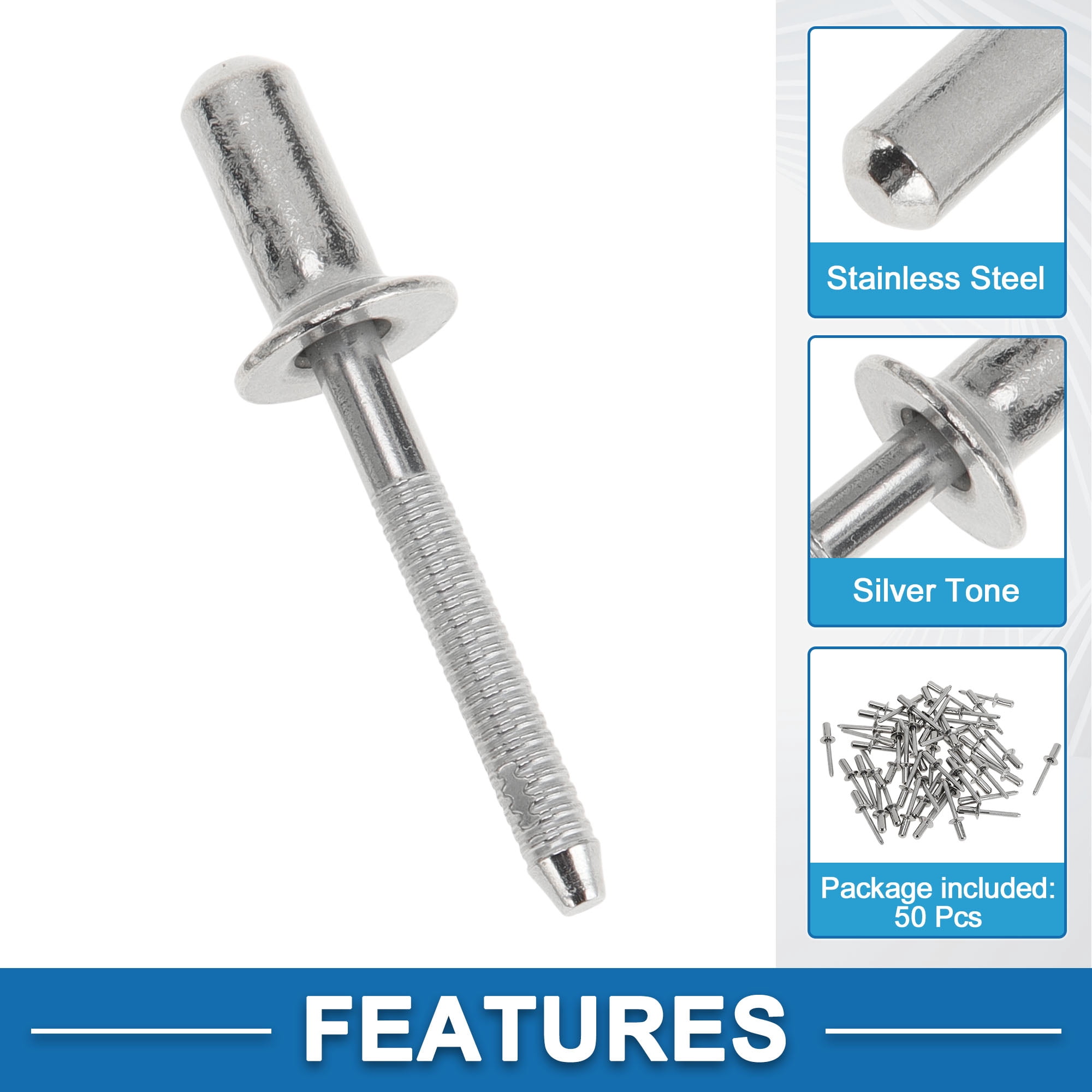 Countersunk Head Closed Sealing Rivets 6.4mm Grip Diameter 12mm Grip Length 13mm Flange Diameter Stainless Steel Silver Tone 50 Pcs