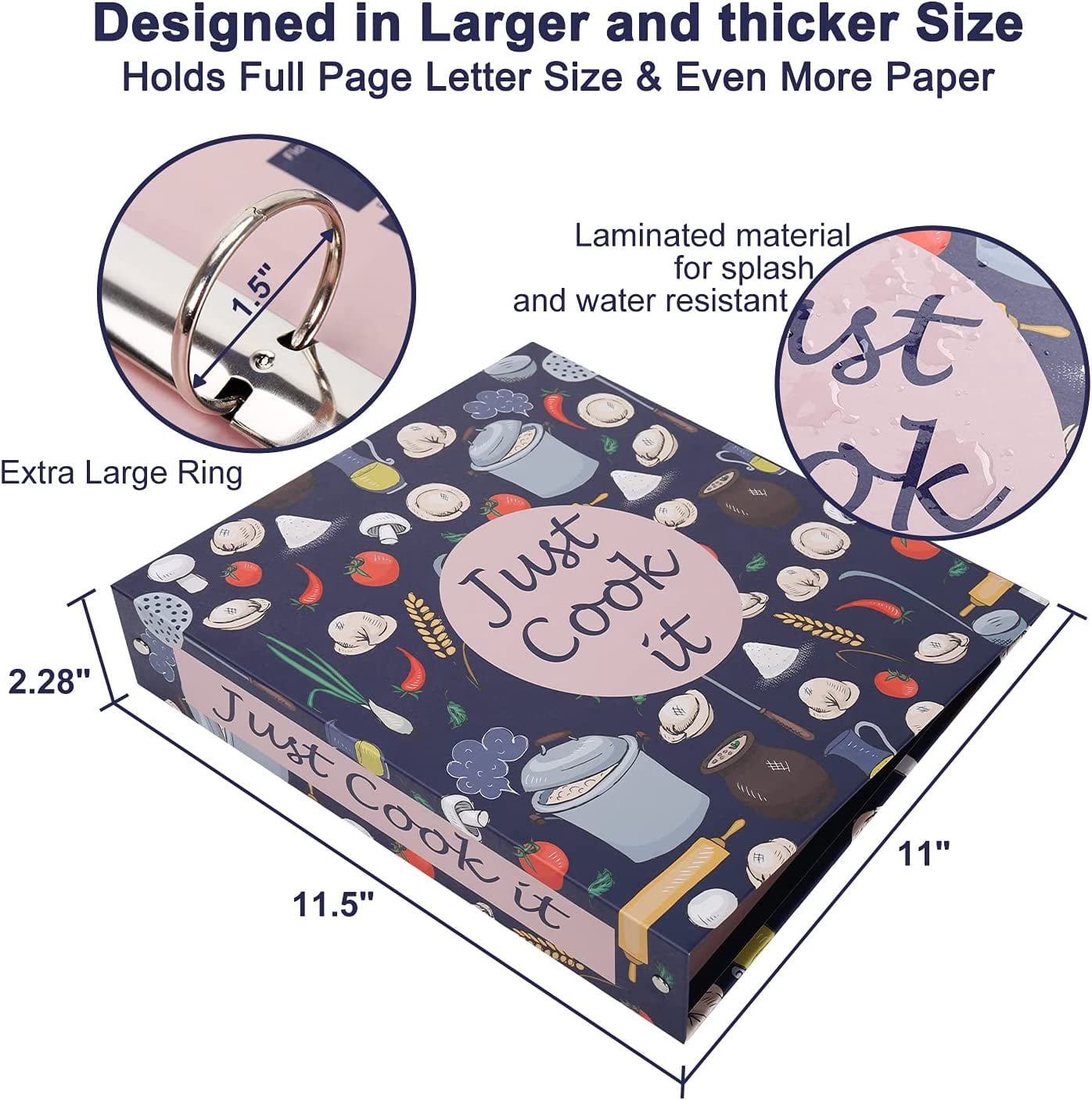 Recipe Binder Kit - 3 Ring Full Page Recipe Book Binder 8.5"x11" with 60 Page Protectors, 12 Dividers and Labels for Family Recipe Organizer, Grain Design