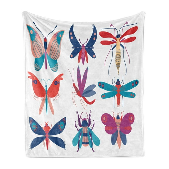 Dragonfly Soft Flannel Fleece Throw Blanket, Modern Doodle Colorful Winged Insects Butterfly Fly Mosquito Moth Illustration, Cozy Plush for Indoor and Outdoor Use, 50" x 70", Multicolor, by Ambesonne