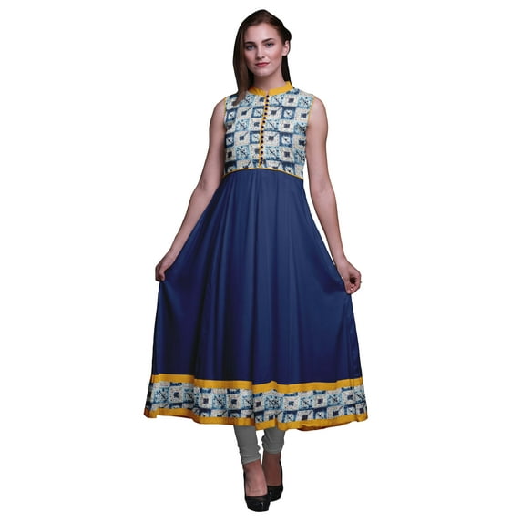 Bimba Indigo Blue2 Shibori Printed Women Designer Mandarin Collar Anarkali Dress Indian Ethnic Kurta X-Small