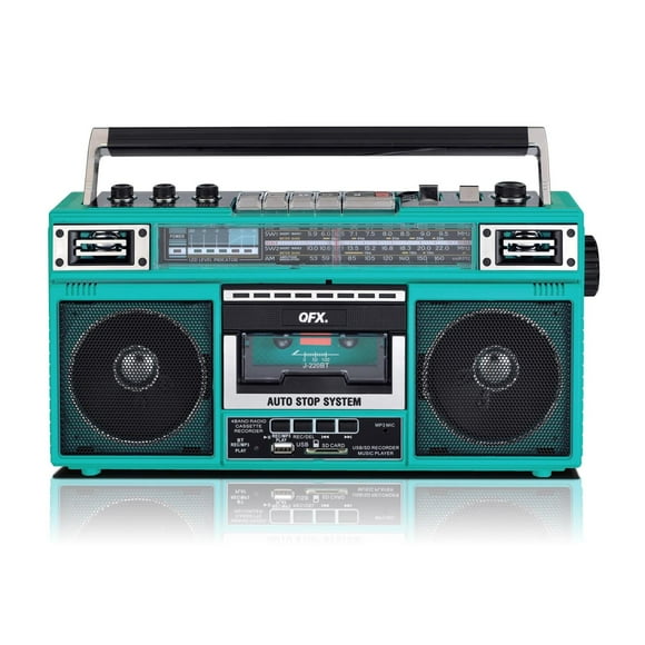 Radiocasetera QFX Turquesa Bluetooth con Conversión a MP3 y Ecualizador de 3 Bandas