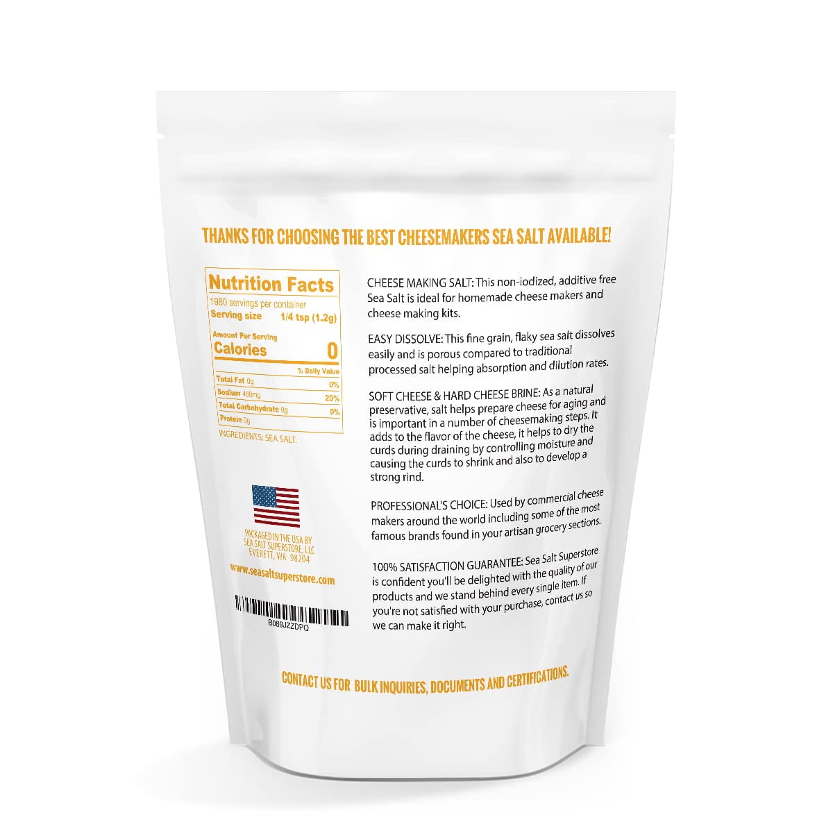 Fine Sea Salt for Homemade Cheese Making, Gluten-Free and Non-Iodized Kosher Cheese Kit Essential Salt, 5 lb Bag