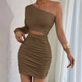 thumbnail image 5 of Women'S 2025 Fashion Hot Girl Off-Shoulder Hollow Slim Hip Dress Long Sleeve Ruffle Cocktail Mini Dress Light Coffee S, 5 of 8