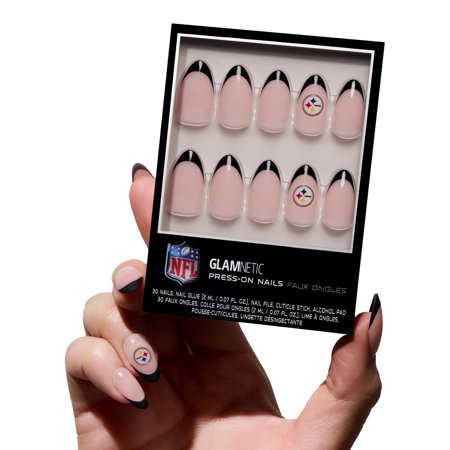 Glamnetic x Fanatics Press On Nails – Pittsburgh Steelers | Short Almond Fake Nails NFL Steelers Black French Tips Football Nails Salon-Quality | 15 Sizes – 30 Nail Kit with Glue