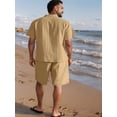 thumbnail image 2 of Men's khaki printed short-sleeve shirt and shorts two-piece set, breathable and loose with drawstring, casual outfit for island vacations, beach, everyday outings, summer versatile men's wear, 2 of 2