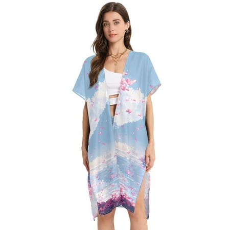 Beach Vacation Clothes Kimono Cardigan Loose Swimsuit Cover Up for Women Cherry Blossom Trees with Falling Petals M