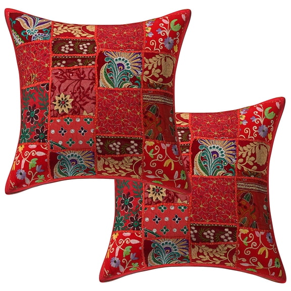 Stylo Culture Indian Couch Throw Pillow Covers 16 x 16 Vintage Patchwork Red Bohemian 40x40 cm Living Room Toss Pillow Case Cotton Floral Square Cushion Covers | Set Of 2