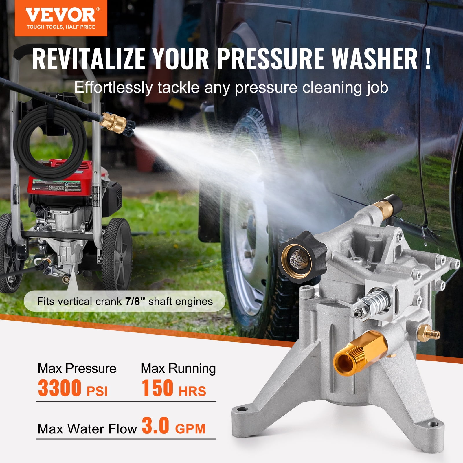 VEVOR Pressure Washer Pump, 7/8" Shaft Vertical, 3300 PSI, 3.0GPM, Replacement Power Washer Pumps Kit with 5 Nozzles, Hardware and Siphon Tube, Compatible with RYOBI, Honda, Briggs and Stratton
