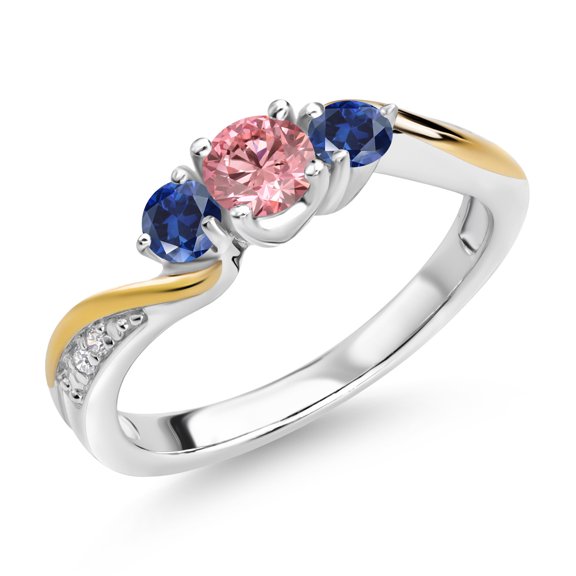 Gem Stone King 925 Silver and 10K Yellow Gold Pink and White Lab Grown Diamond Blue Created Sapphire 3 Stone Engagement Ring for Women (0.56 Cttw, April Birthstone, Size 9)