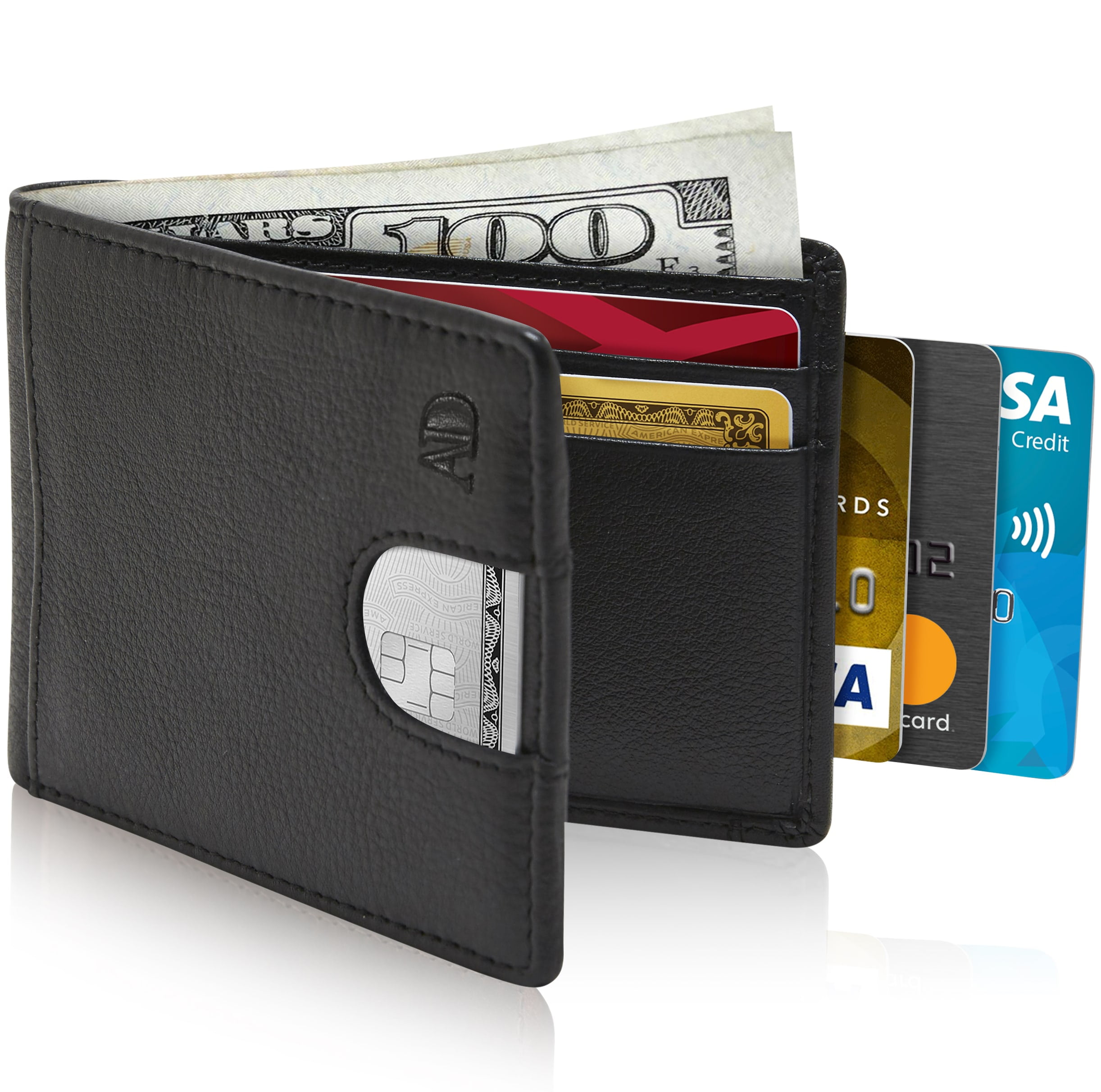 Black Genuine Leather Men's Bifold Zip Wallet ID Credit Card Holder Front Pocket 