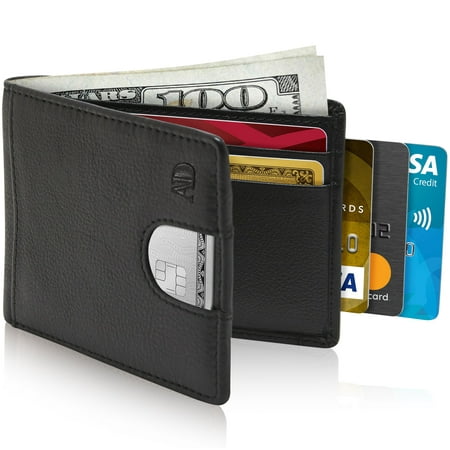 Leather Slim Wallets For Men - RFID Mens Wallet With Pull Strap Front Pocket Card Holder With ID Window Gifts For