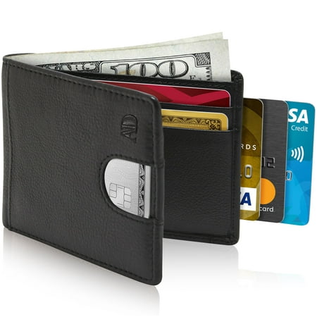 Leather Slim Wallets For Men - RFID Mens Wallet With Pull Strap Front Pocket Card Holder With ID Window Gifts For (Best Mens Card Holder)