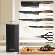 Astercook Knife Set, 6-Piece Kitchen Knives Set with Block & Non-Stick Healthy Coating, Stainless Steel Chef Knives with Anti-Slip Ergonomic Handle, Dishwasher Safe, Perfect Kitchen Home Gifts, Black