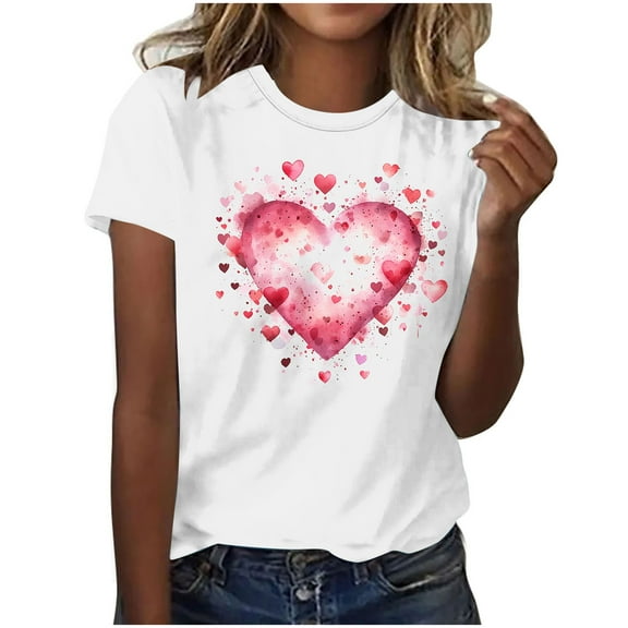 mihongmao Valentine's Hearts Pull On Tops for Women Round Neck Print Casual Print Short Sleeved Short Sleeved Round Neck Top/shirt White 4X