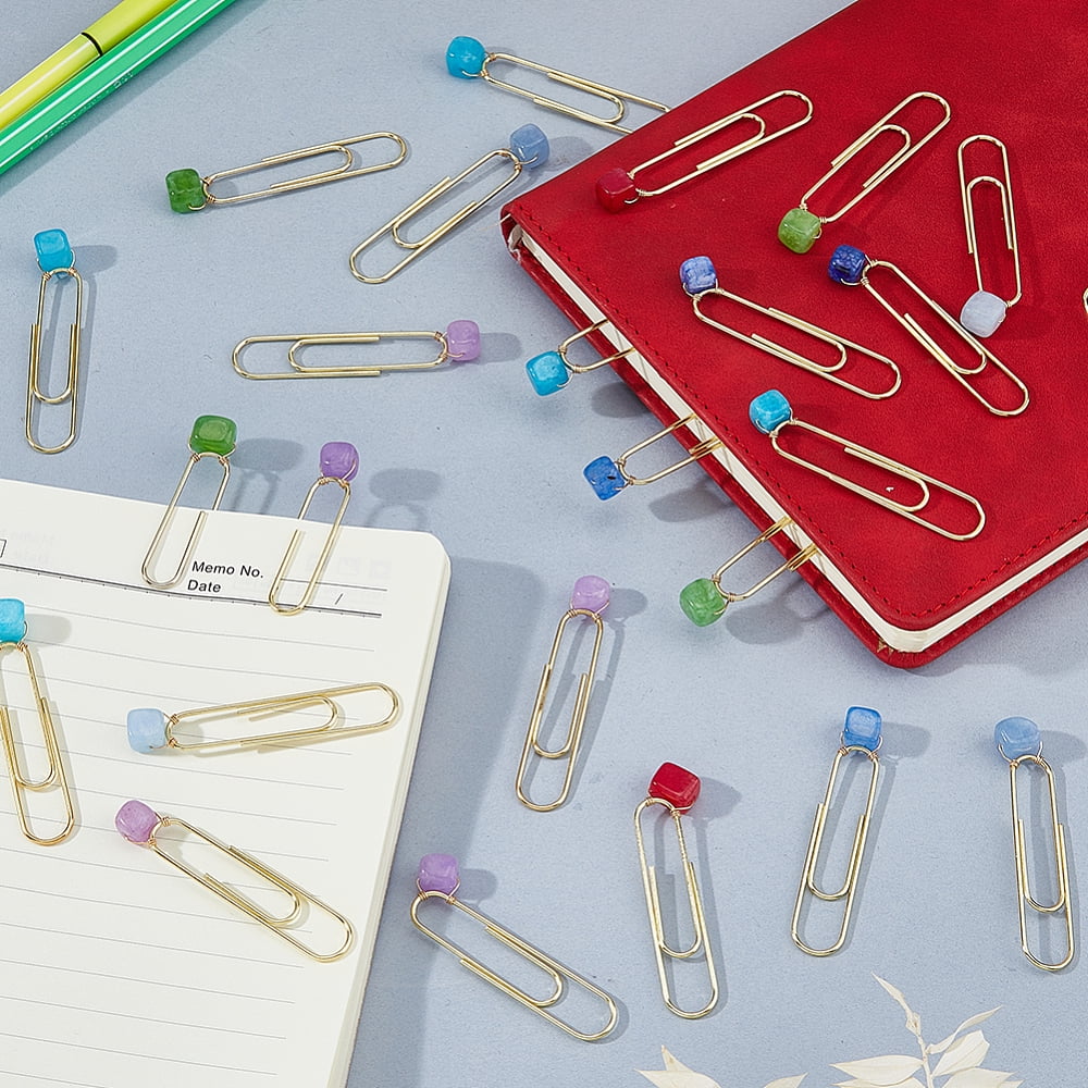 48Pcs 6 Style Metal Paper Clips with Natural White Jade & Natural Agate Cube Mixed Color 57mm 8pcs/style