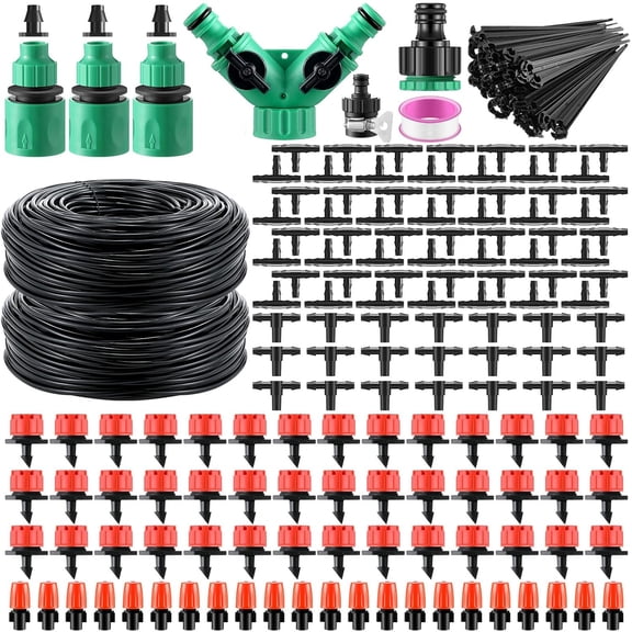 Drip Irrigation System Kit, 328 Ft 1/4 Inch Blank Distribution Tubing, Automatic Garden Watering Sprinkler Set for Raised Beds, Greenhouse, Yard, Lawn