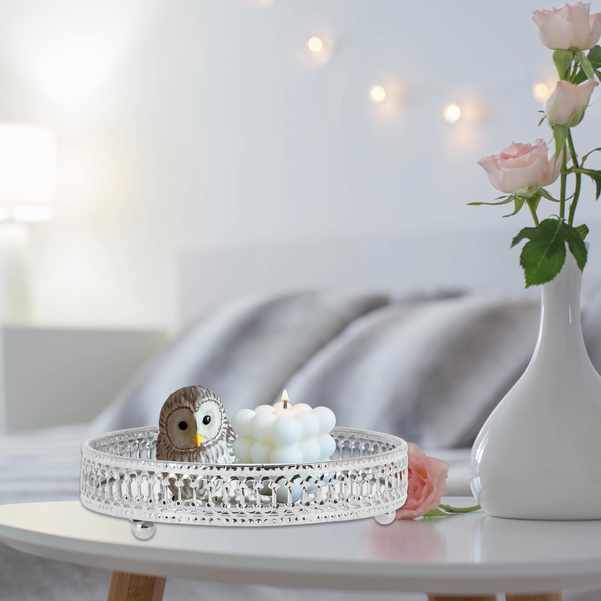 Unique Bargains Mirror Tray Round Metal Perfume Tray Glass Candle Serving Decorative Tray