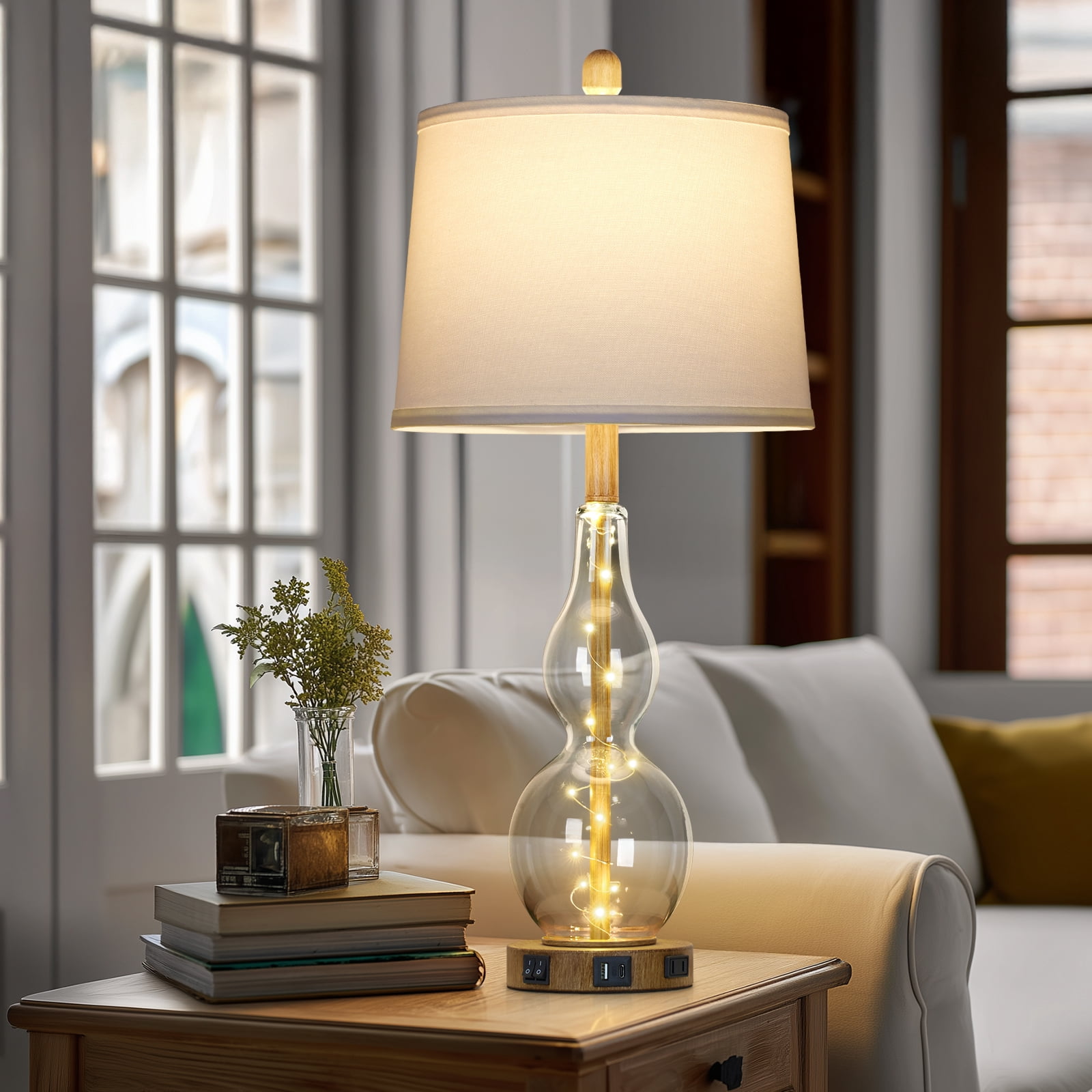 Lolikit Table Lamps Set of 2, Modern Nightstand Bedside Lamp for Bedroom Living Room with USB C+A Ports & AC outlet,Bulbs Included