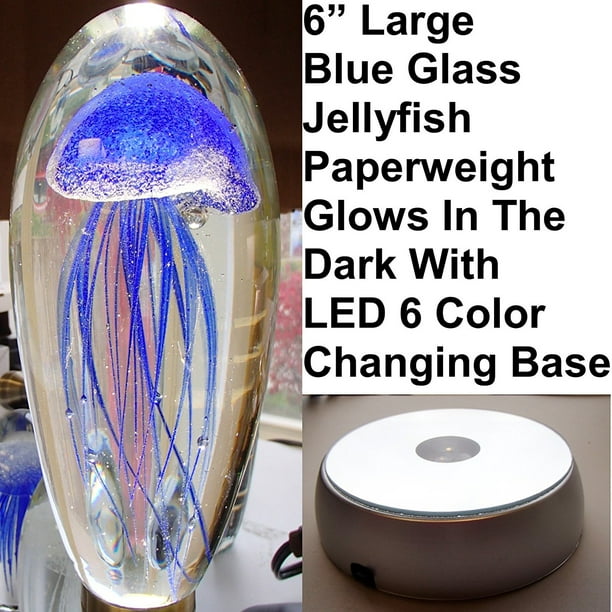 Large Blue Glass Jellyfish Paperweight 6 With Led Base Glow In The Dark With Led 6 Color Changing Base Stand Glass Crystal Jellyfish Glow By Patriot Walmart Com Walmart Com